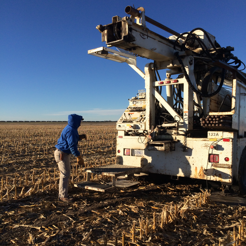 Drill rig preparing to take vadose zone soil core in corn field